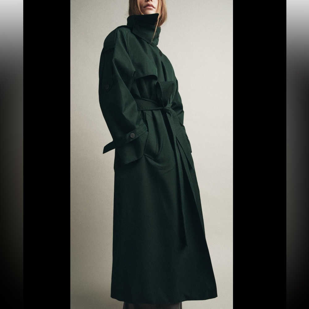 Zara Oversized Water Repellent Trench Coat ZW Collection Bottle Green size S